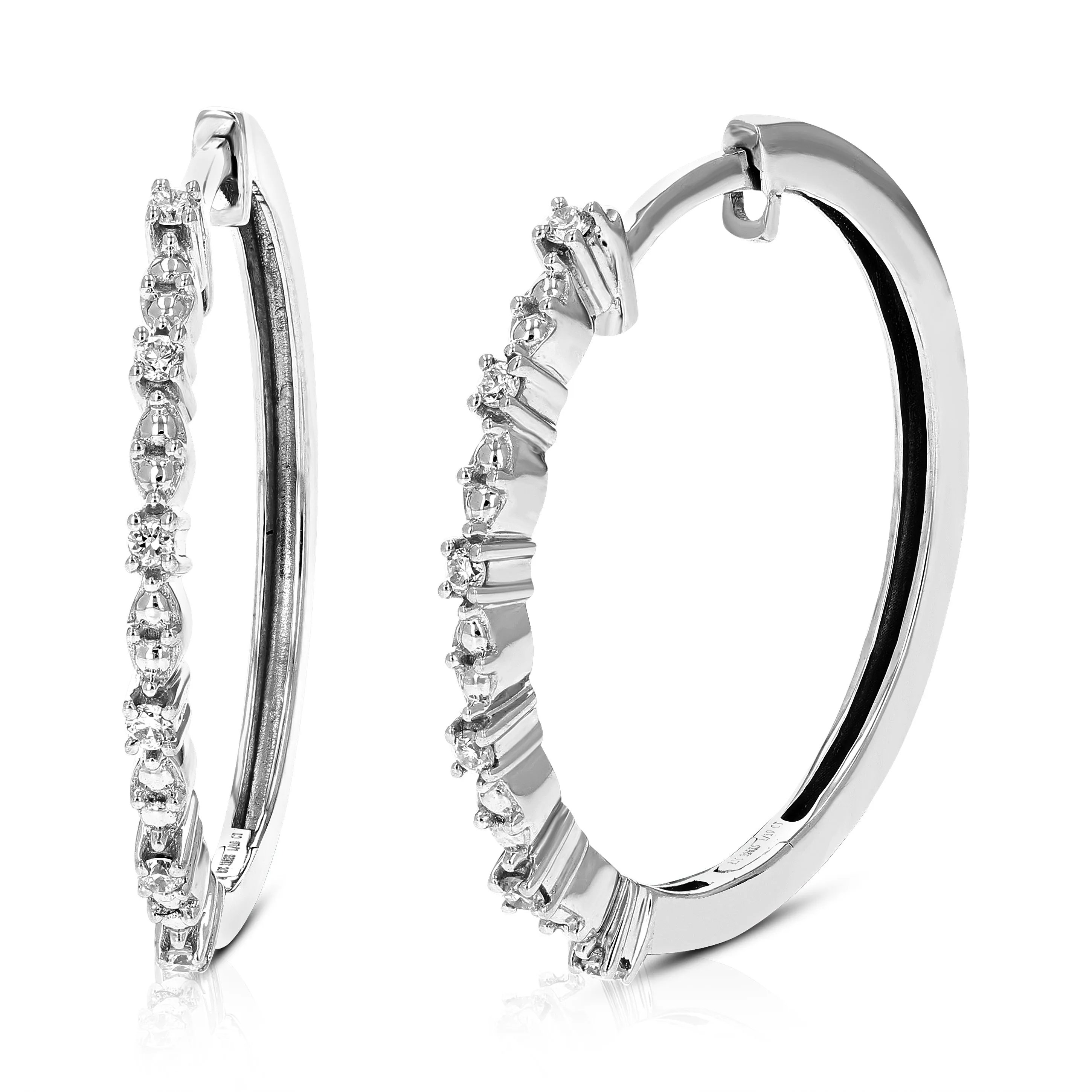 1/10 cttw Diamond Hoop Earrings for Women, Round Lab Grown Diamond Earrings in .925 Sterling Silver, Prong Setting, 3/4 Inch