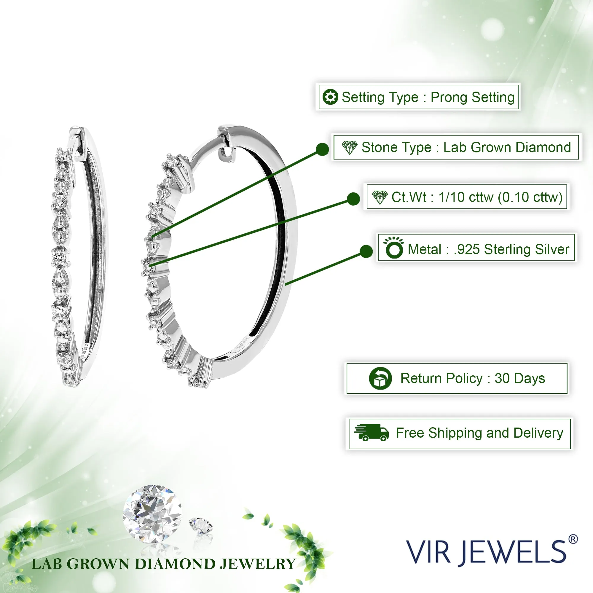 1/10 cttw Diamond Hoop Earrings for Women, Round Lab Grown Diamond Earrings in .925 Sterling Silver, Prong Setting, 3/4 Inch
