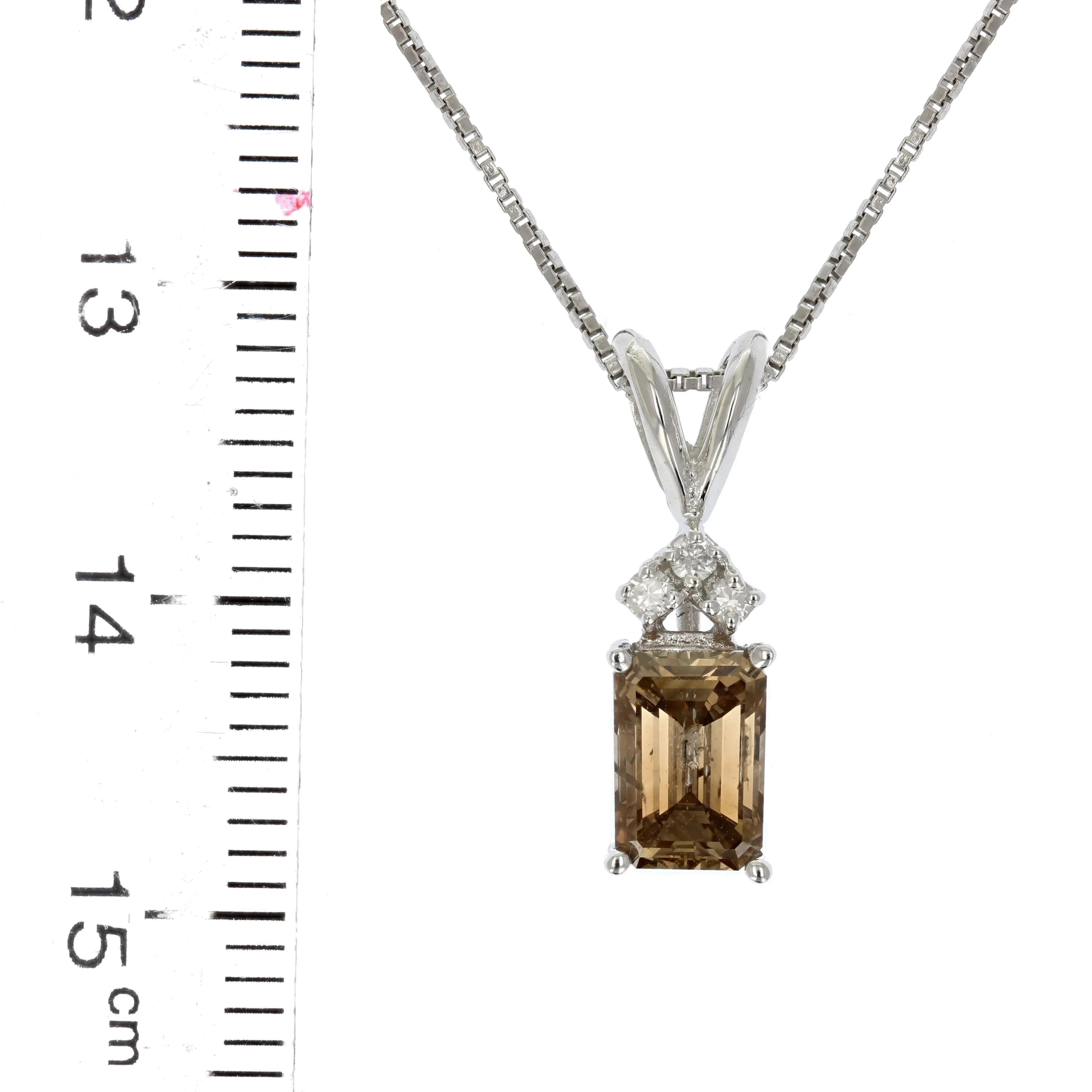 1.25 cttw Emerald Shape Champagne Diamond Solitaire Pendant 14K White Gold Chain