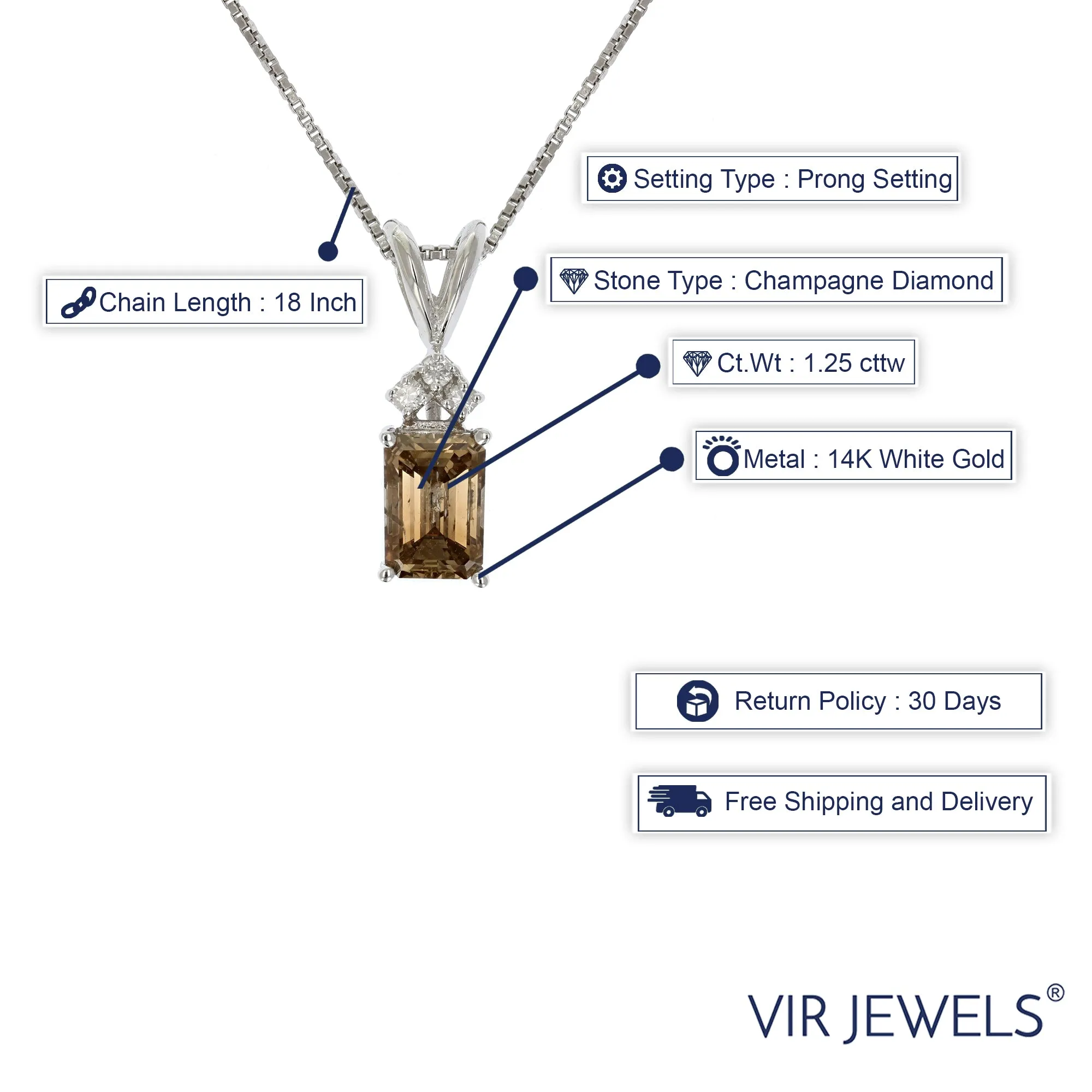 1.25 cttw Emerald Shape Champagne Diamond Solitaire Pendant 14K White Gold Chain