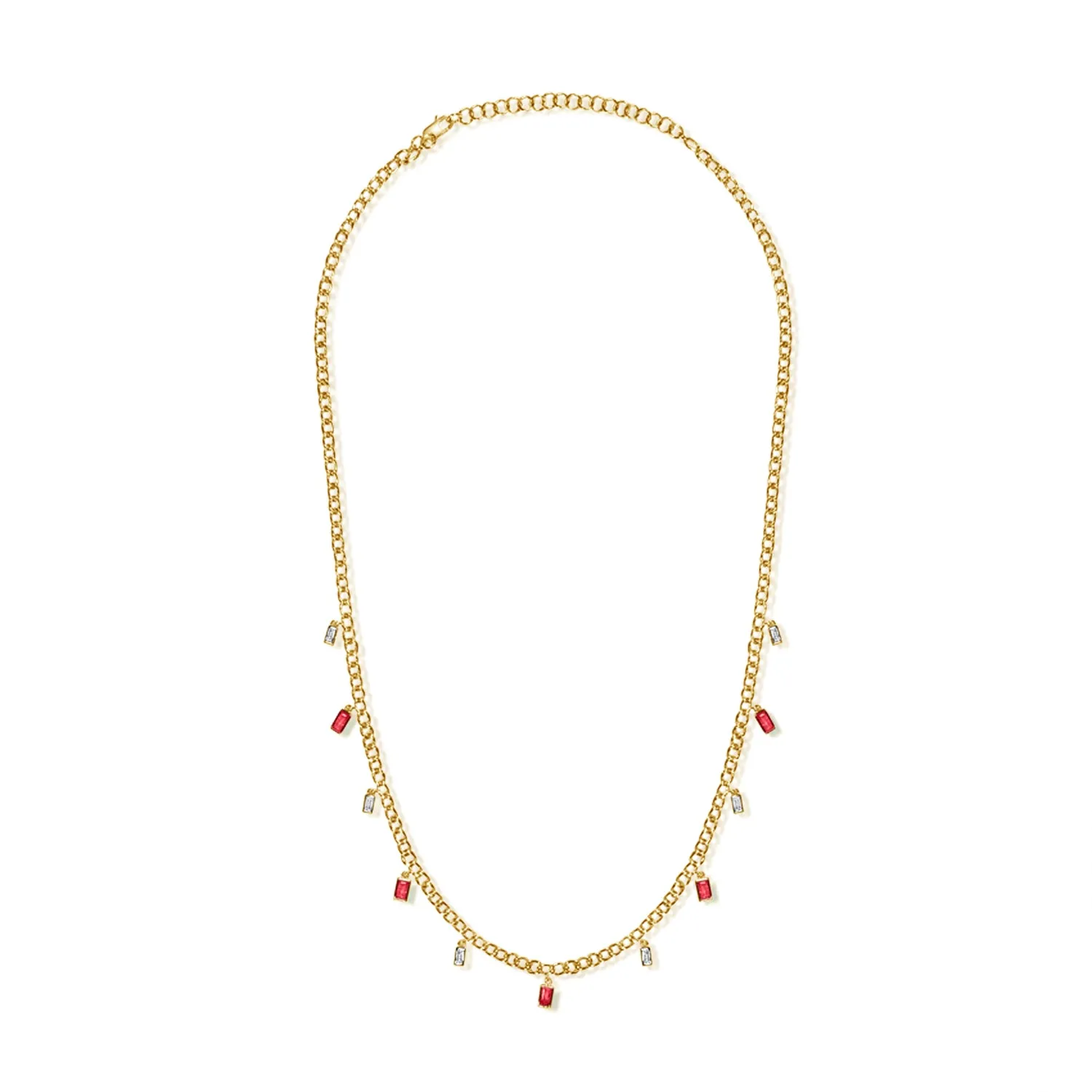 14K Gold Diamond and Ruby Station Baguette Necklace