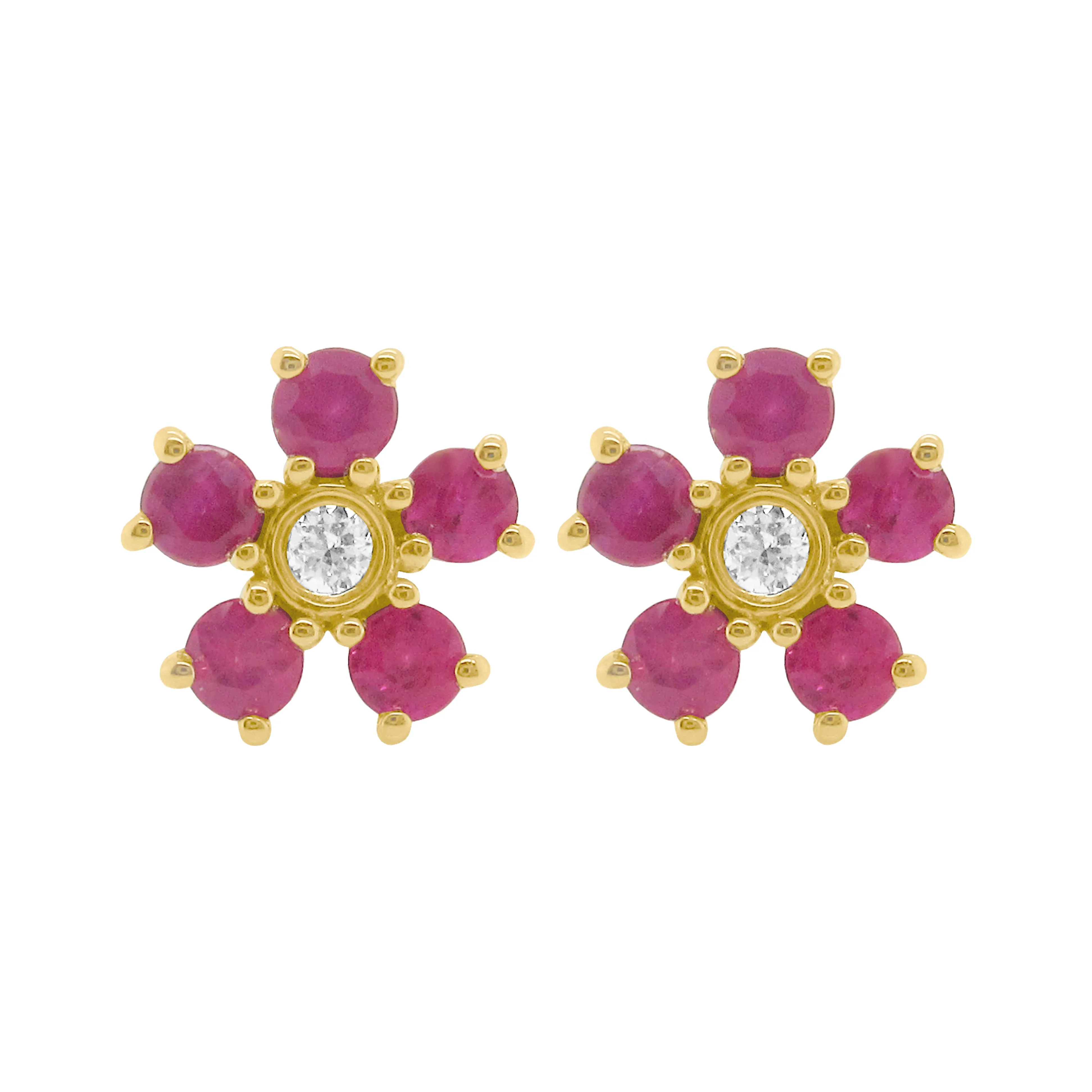 14K GOLD DIAMOND AND RUBY STELLA FLOWER STUDS
