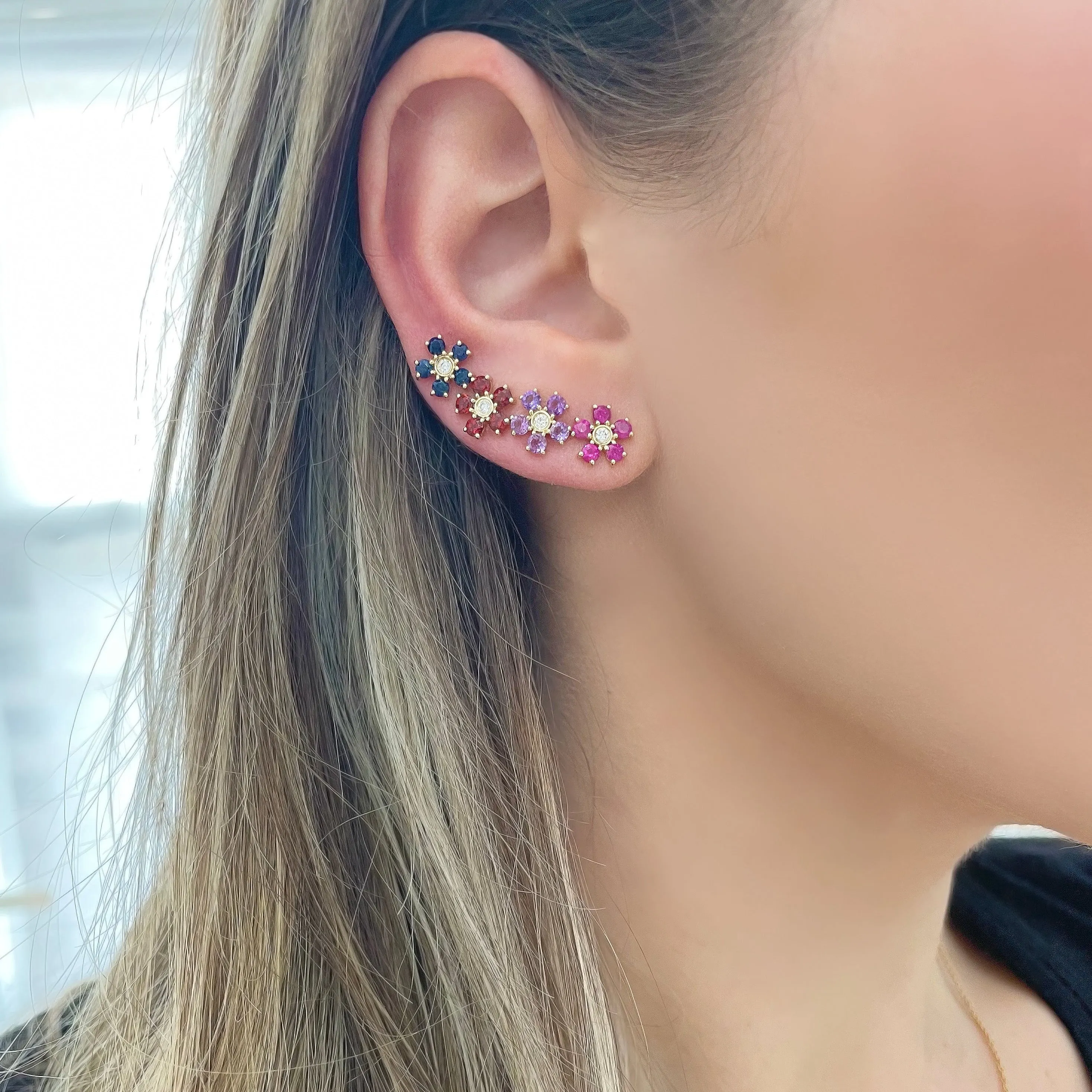 14K GOLD DIAMOND AND RUBY STELLA FLOWER STUDS