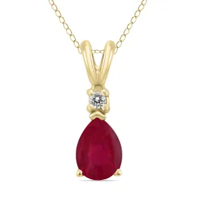14K Yellow Gold 5X3Mm Pear Ruby And Diamond Pendant