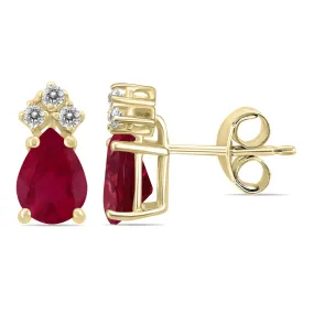 14K Yellow Gold 6X4Mm Pear Ruby And Three Stone Diamond Earrings