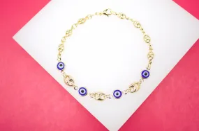 18K Gold Filled Evil Eye Puffy Mariner Chain Bracelet (I213)