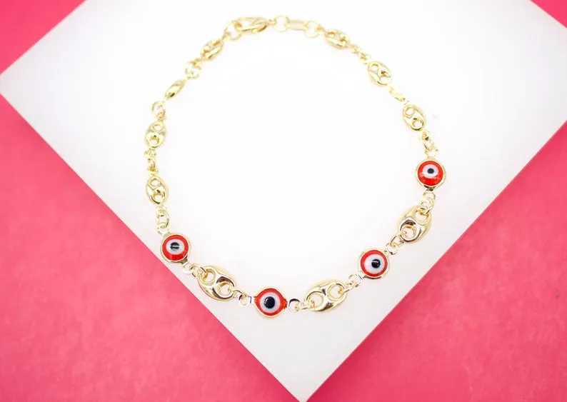 18K Gold Filled Evil Eye Puffy Mariner Chain Bracelet (I213)