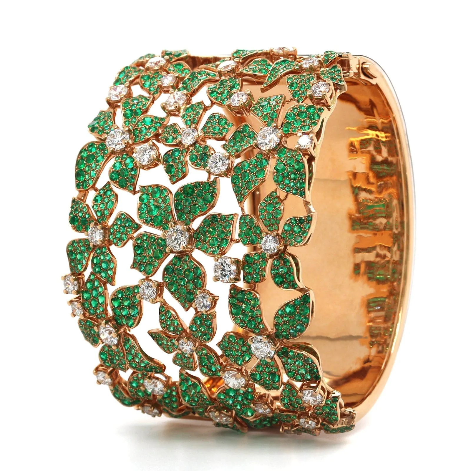 18K Rose Gold Emerald and Diamond Flower Cuff Bracelet