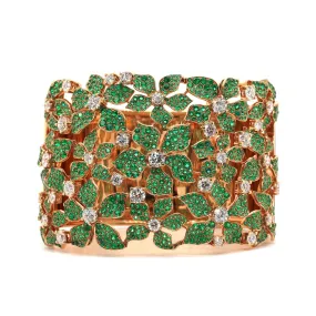 18K Rose Gold Emerald and Diamond Flower Cuff Bracelet