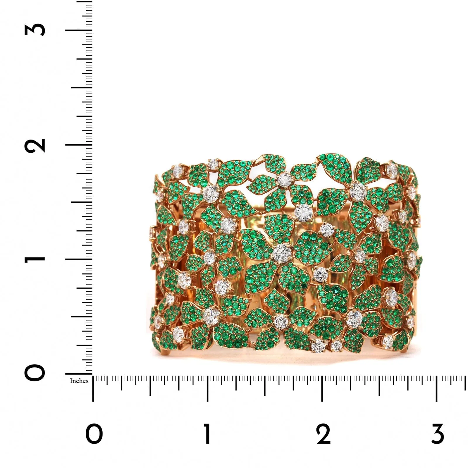 18K Rose Gold Emerald and Diamond Flower Cuff Bracelet