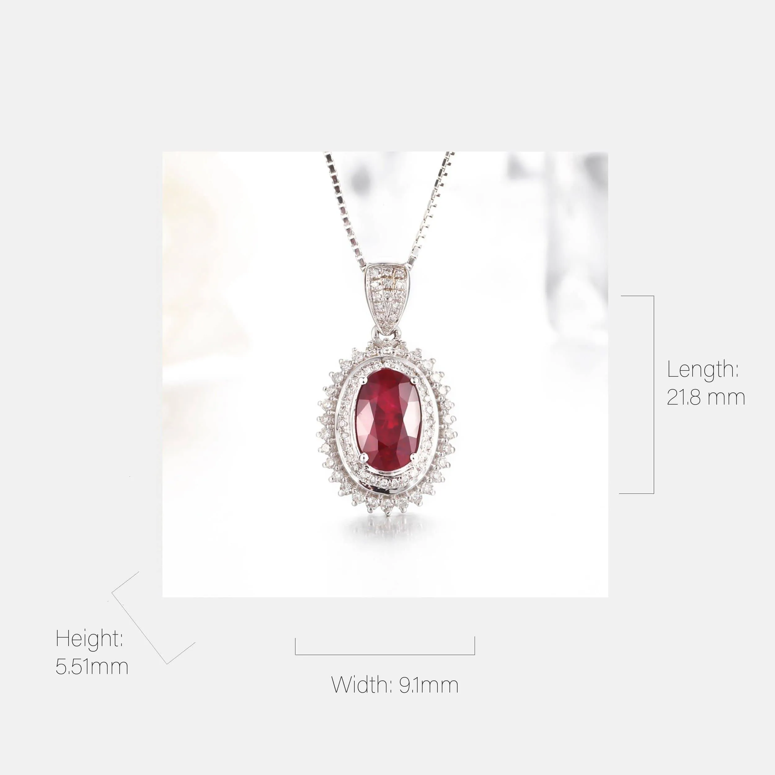 18k White Gold & Natural AA Oval Ruby Halo Pendant Necklace