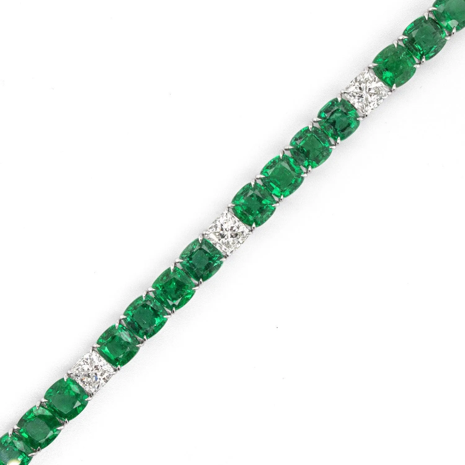 18K White Gold Cushion Emerald and Diamond Tennis Bracelet