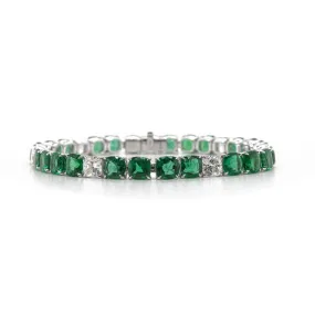 18K White Gold Cushion Emerald and Diamond Tennis Bracelet