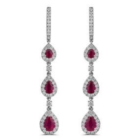 18K White Gold Pear Ruby with Diamond Halo Dangle Earrings