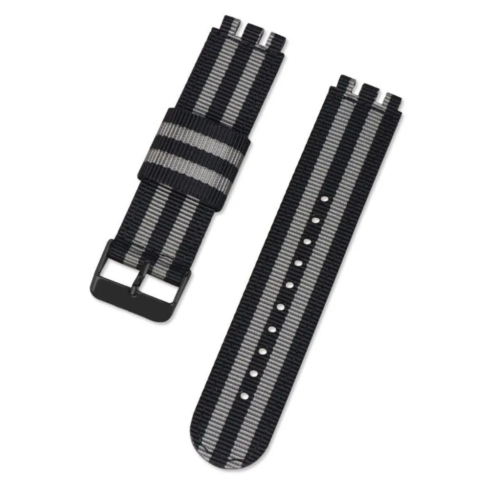 19mm Universal nylon   canvas watch strap in black buckle - Black / Grey
