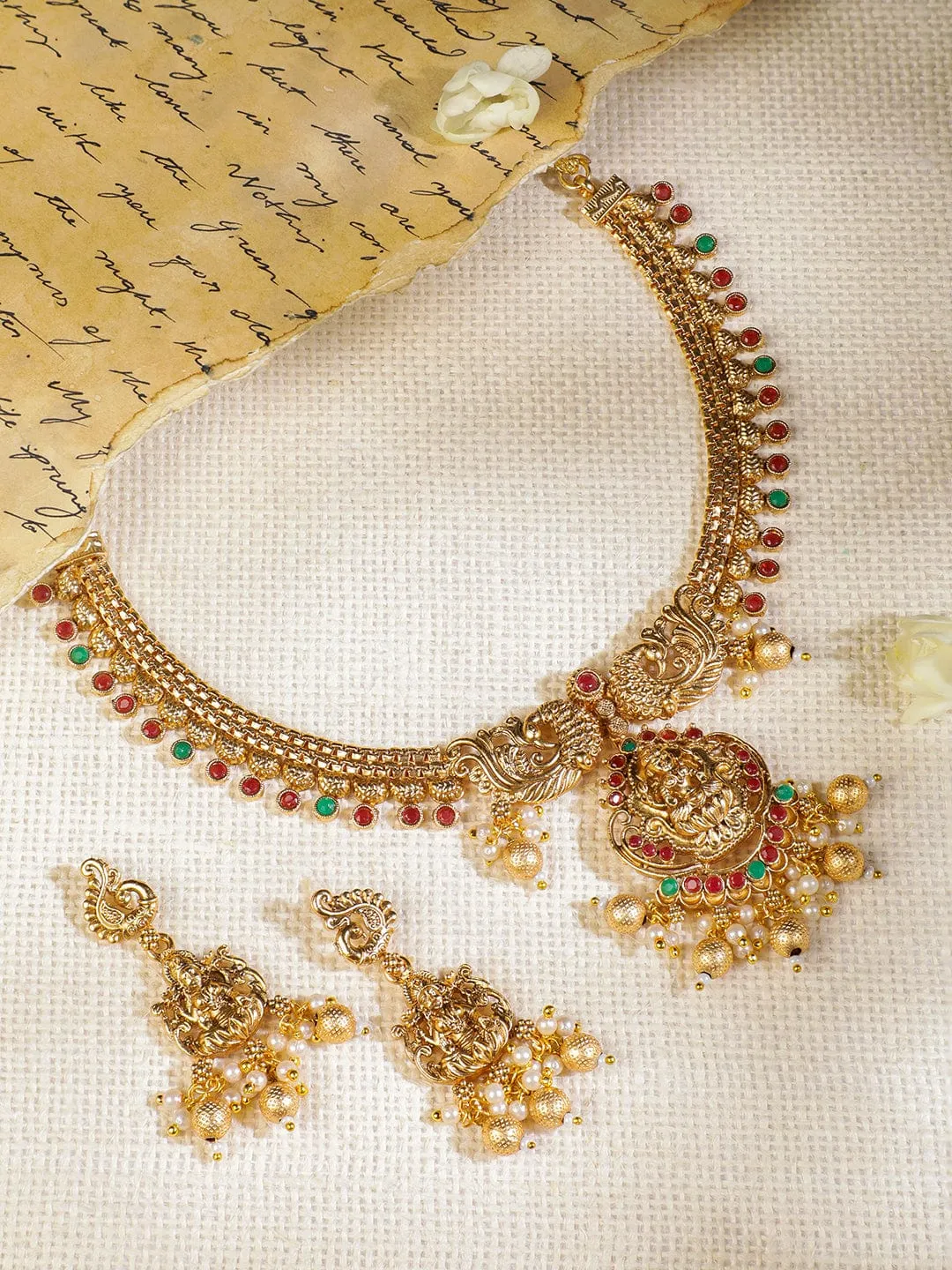 22k Gold Plated Lakshmi Motif, Ruby, Emerald & Pearl Temple Necklace Set