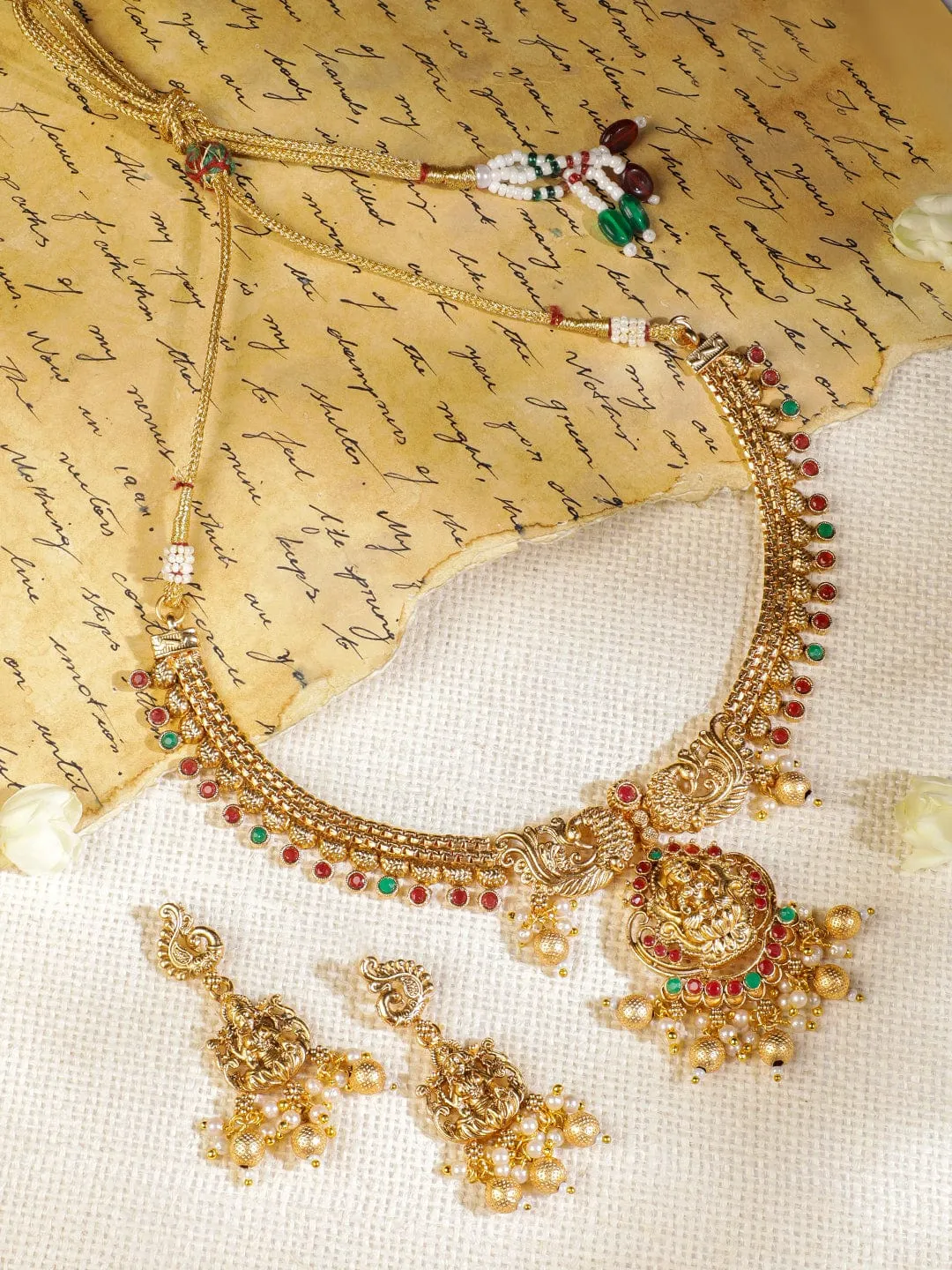 22k Gold Plated Lakshmi Motif, Ruby, Emerald & Pearl Temple Necklace Set