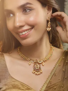 22k Gold Plated Lakshmi Motif, Ruby, Emerald & Pearl Temple Necklace Set