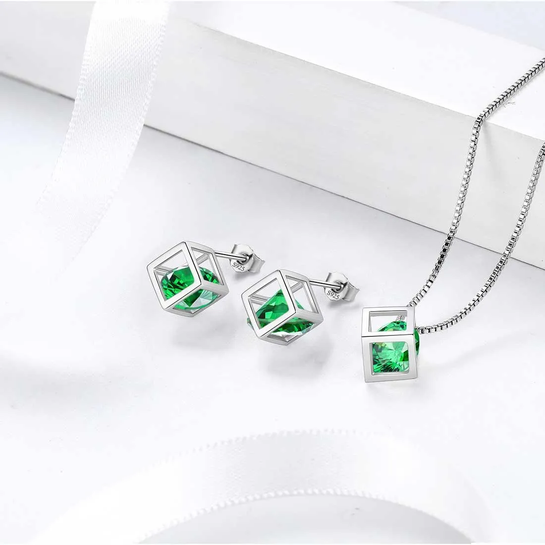 3D Cube Birthstone May Emerald Jewelry Set 3PCS Women Girls Birthday Gift