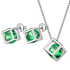 3D Cube Birthstone May Emerald Jewelry Set 3PCS Women Girls Birthday Gift