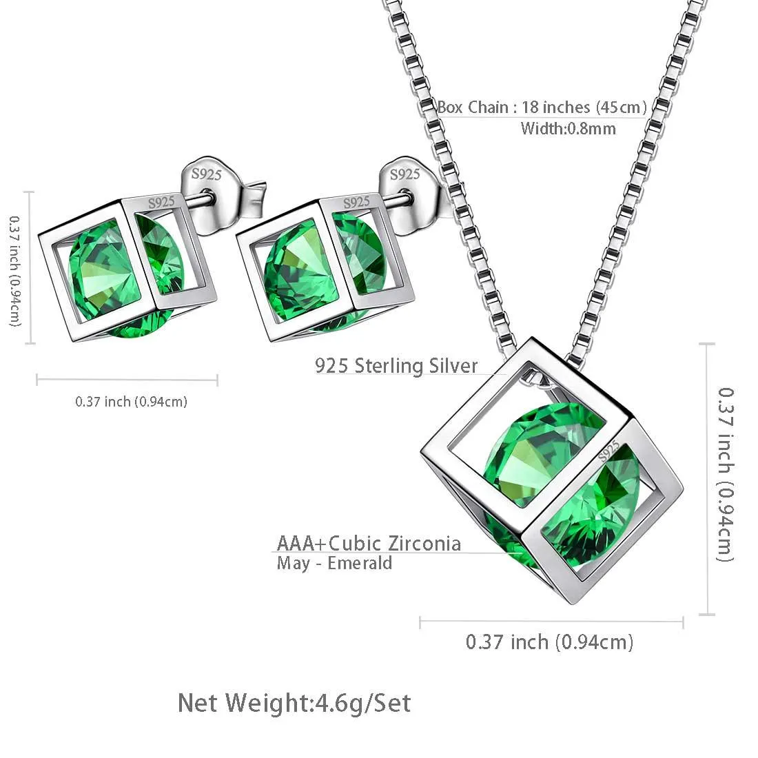 3D Cube Birthstone May Emerald Jewelry Set 3PCS Women Girls Birthday Gift