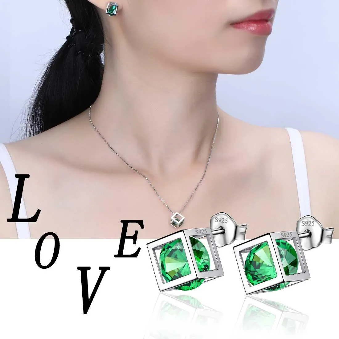 3D Cube Birthstone May Emerald Jewelry Set 3PCS Women Girls Birthday Gift