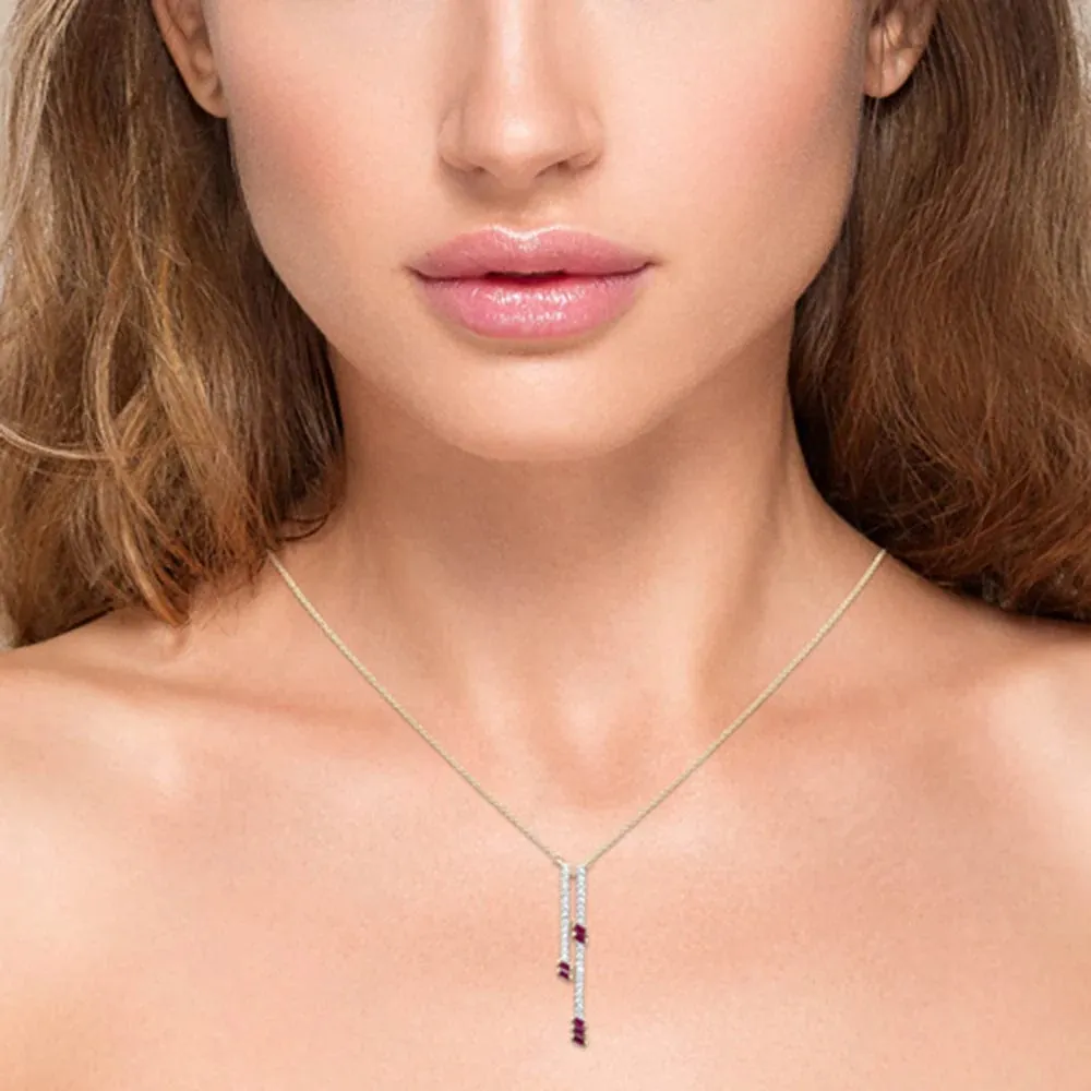 .70ct G SI 14K Yellow Gold Diamond & Ruby Drop Pendant Necklace 18" Ext