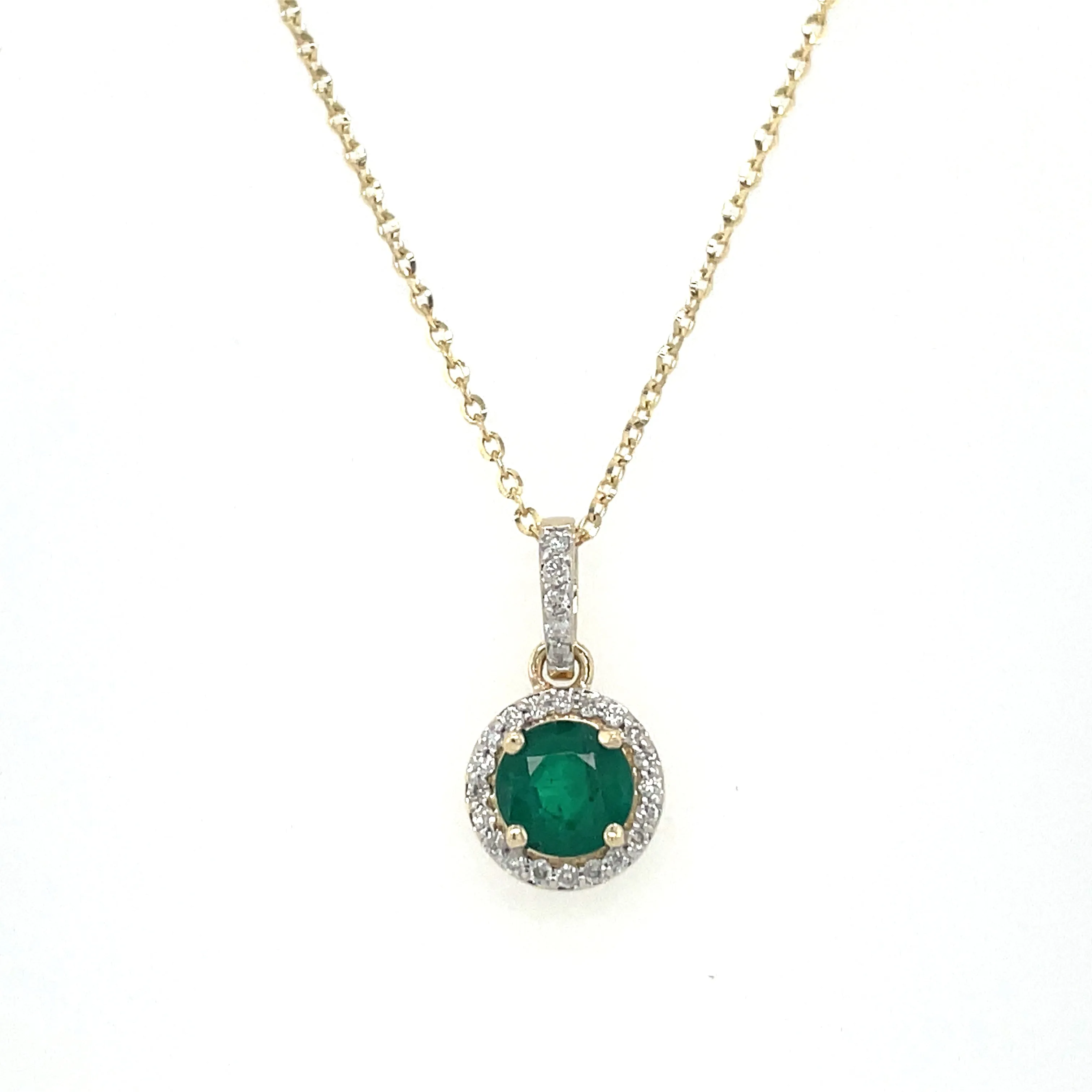 9ct Yellow Gold Round 0.45ct Emerald & Diamond Halo Pendant