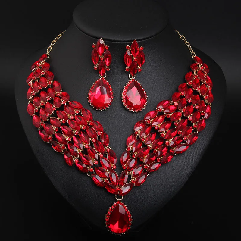 American Ruby Necklace Earrings Set Dress Banquet Bride Exaggerated Female Accessories