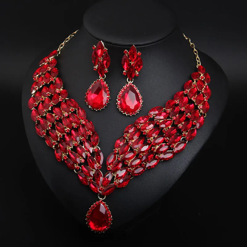 American Ruby Necklace Earrings Set Dress Banquet Bride Exaggerated Female Accessories