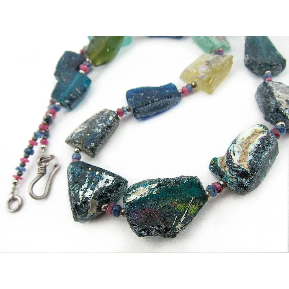 Antique Excavated Afghan Glass Bead Necklace with Faceted Ruby and Sapphire Accent Beads