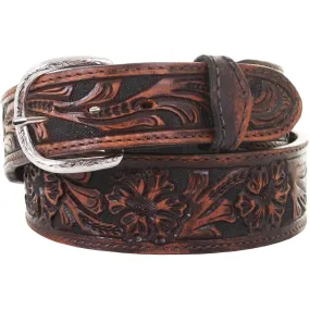 B929 - Brown Vintage Floral Tooled Belt