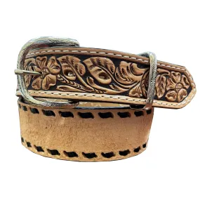 B981A - Natural Rough Out and Floral Tooled Belt