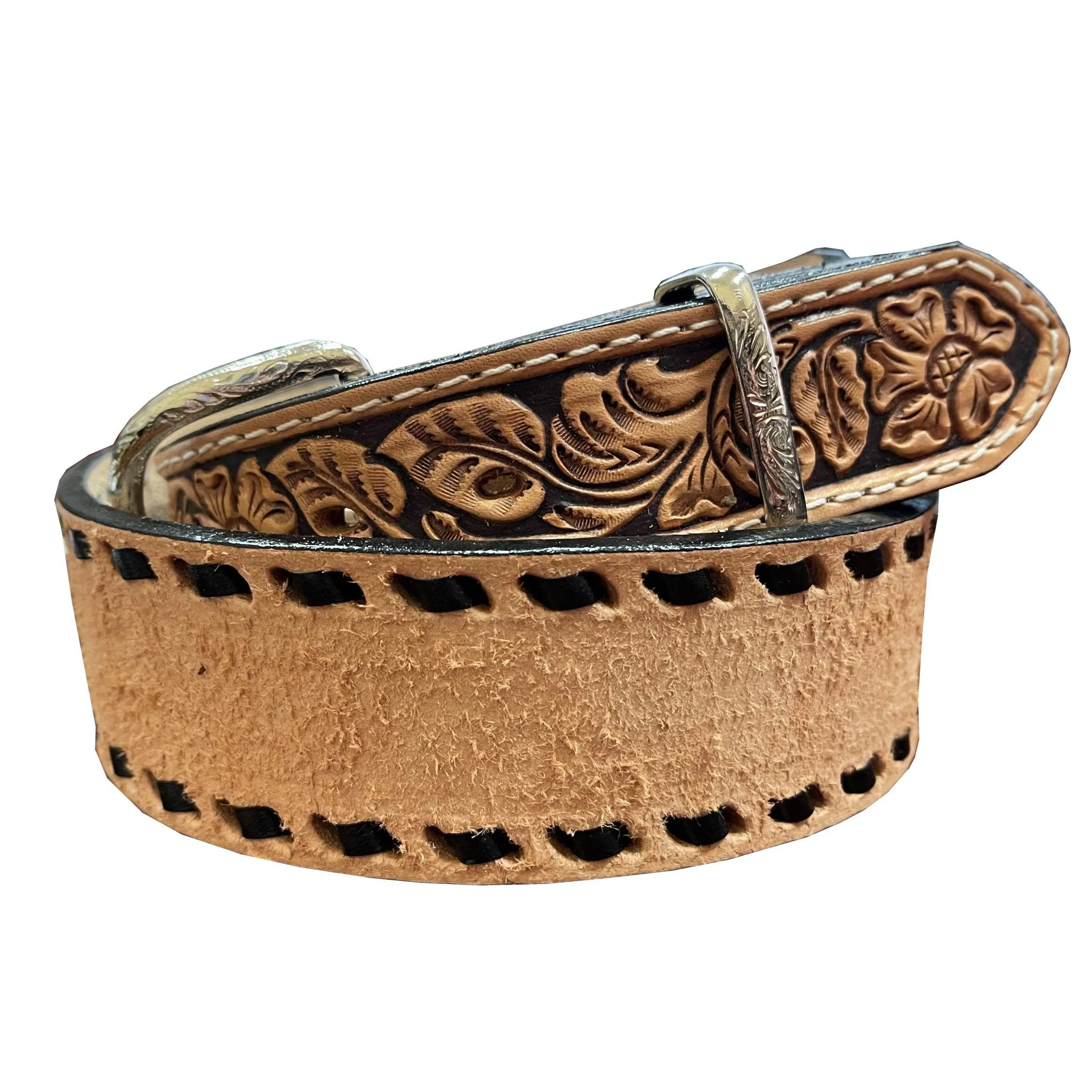 B981A - Natural Rough Out and Floral Tooled Belt