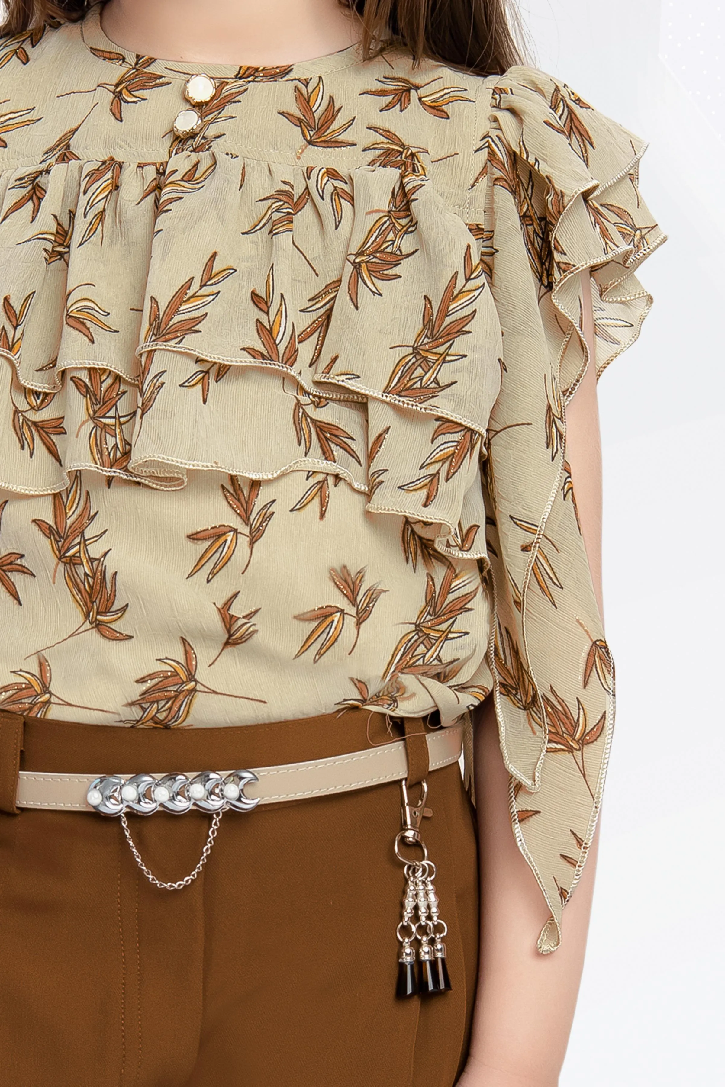 Beige Digital Print Top with Brown Palazzo Set for Girls