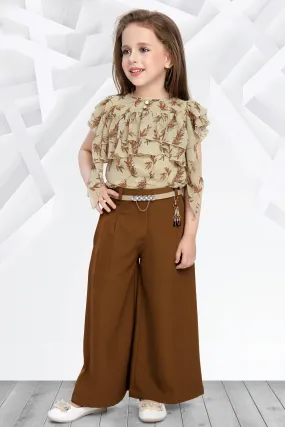 Beige Digital Print Top with Brown Palazzo Set for Girls