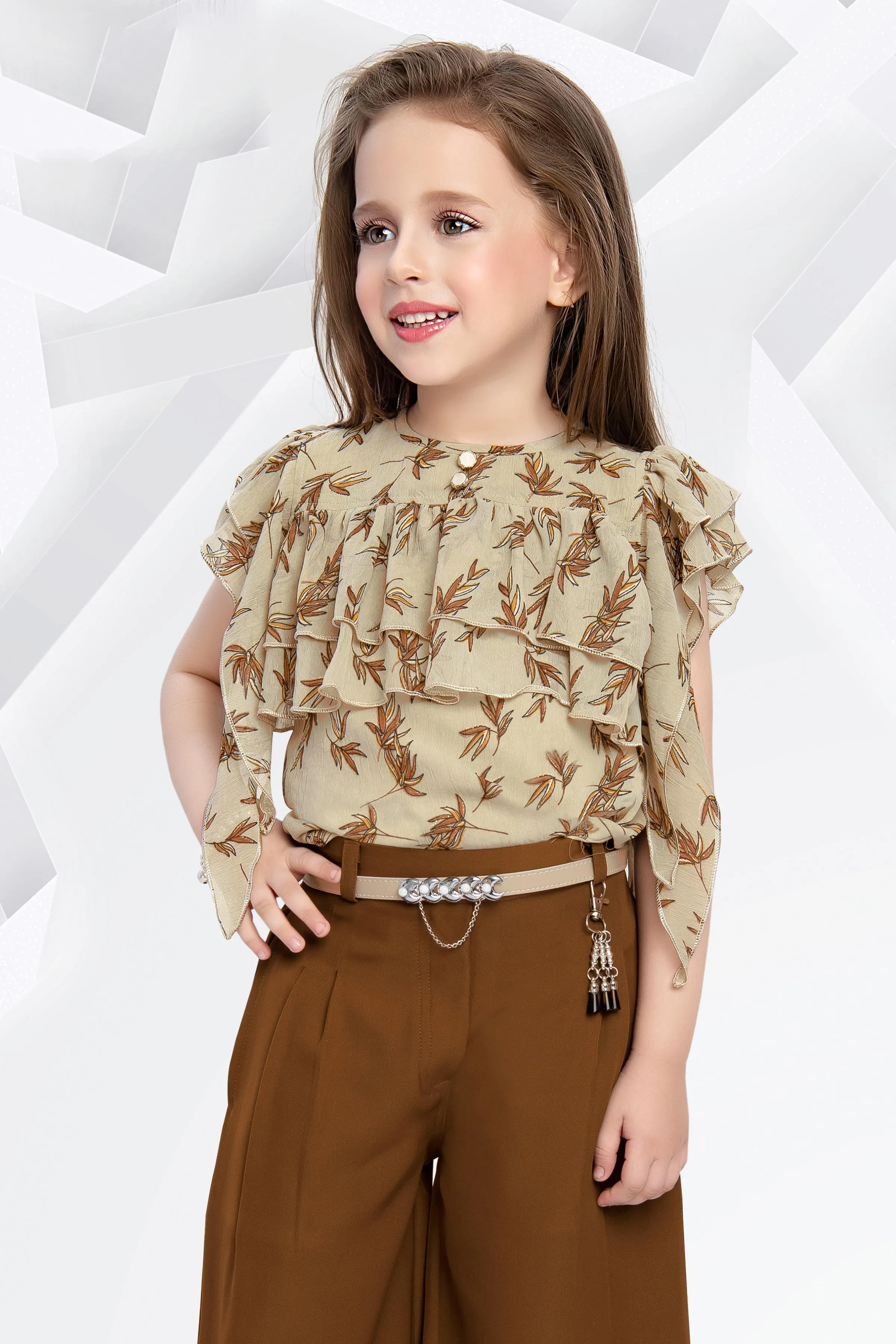 Beige Digital Print Top with Brown Palazzo Set for Girls