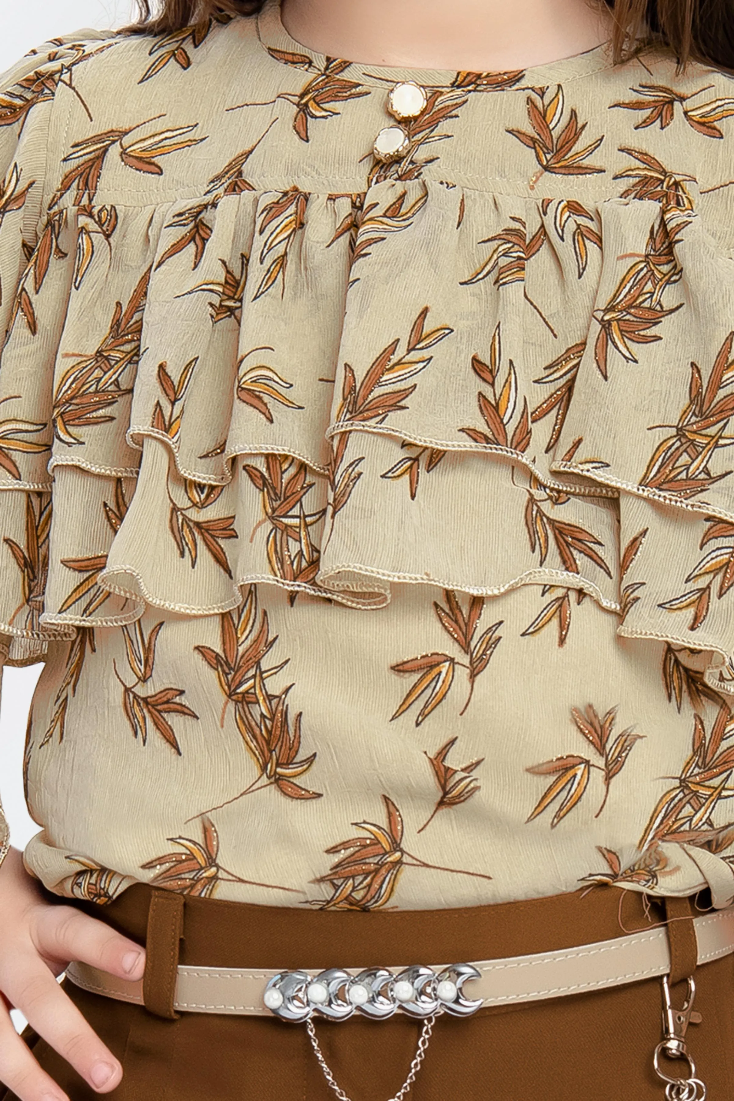 Beige Digital Print Top with Brown Palazzo Set for Girls
