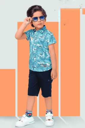 Blue and Navy Blue Printed Casual wear 3/4th Shorts and Shirt Set for Boys with Belt