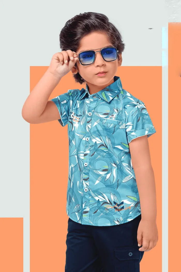 Blue and Navy Blue Printed Casual wear 3/4th Shorts and Shirt Set for Boys with Belt
