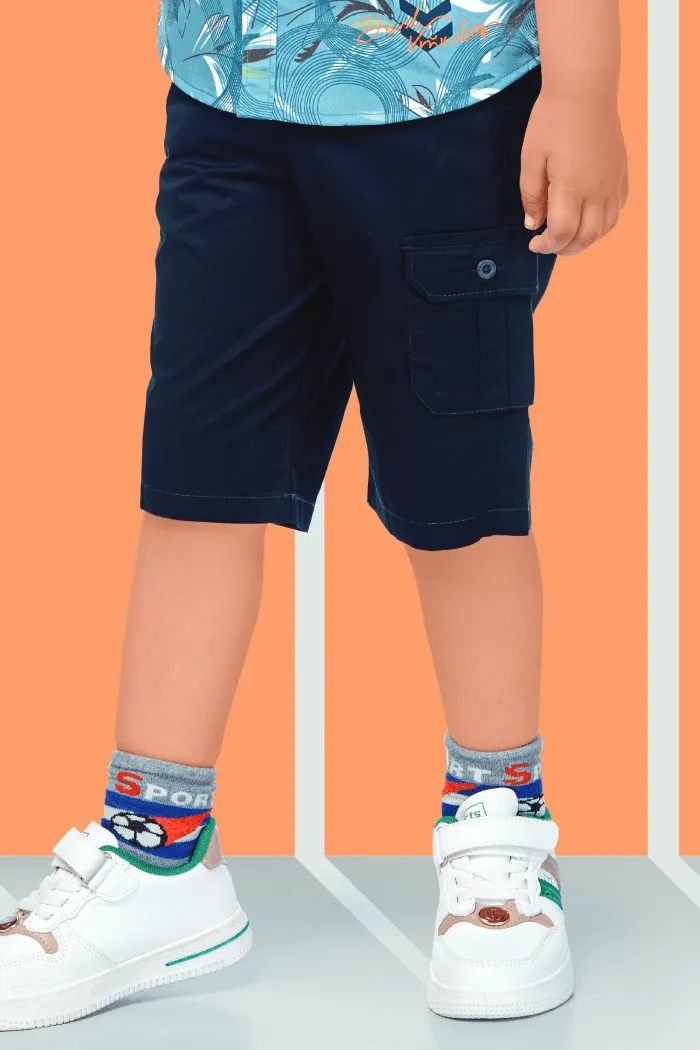 Blue and Navy Blue Printed Casual wear 3/4th Shorts and Shirt Set for Boys with Belt