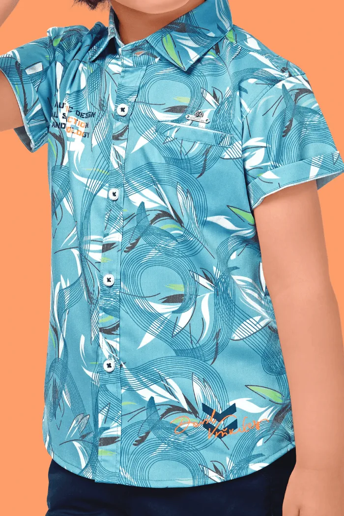 Blue and Navy Blue Printed Casual wear 3/4th Shorts and Shirt Set for Boys with Belt