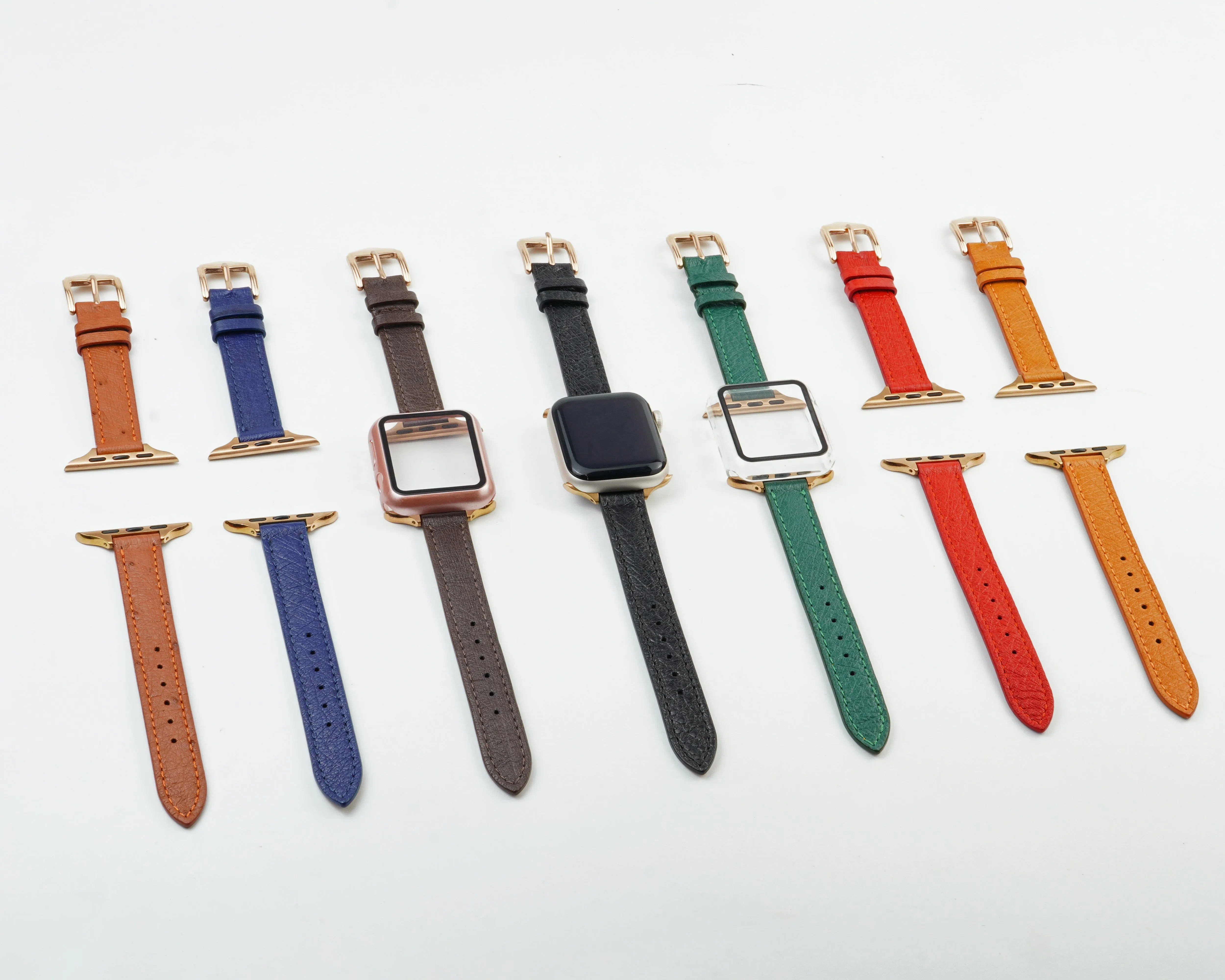 Blue Flat Ostrich Leather Band Compatible Apple Watch Iwatch 44mm Screen Protector Case Black Adapter Replacement Strap For Smartwatch Series 4 5 6 SE Leather Handmade AW-184G-W-44MM