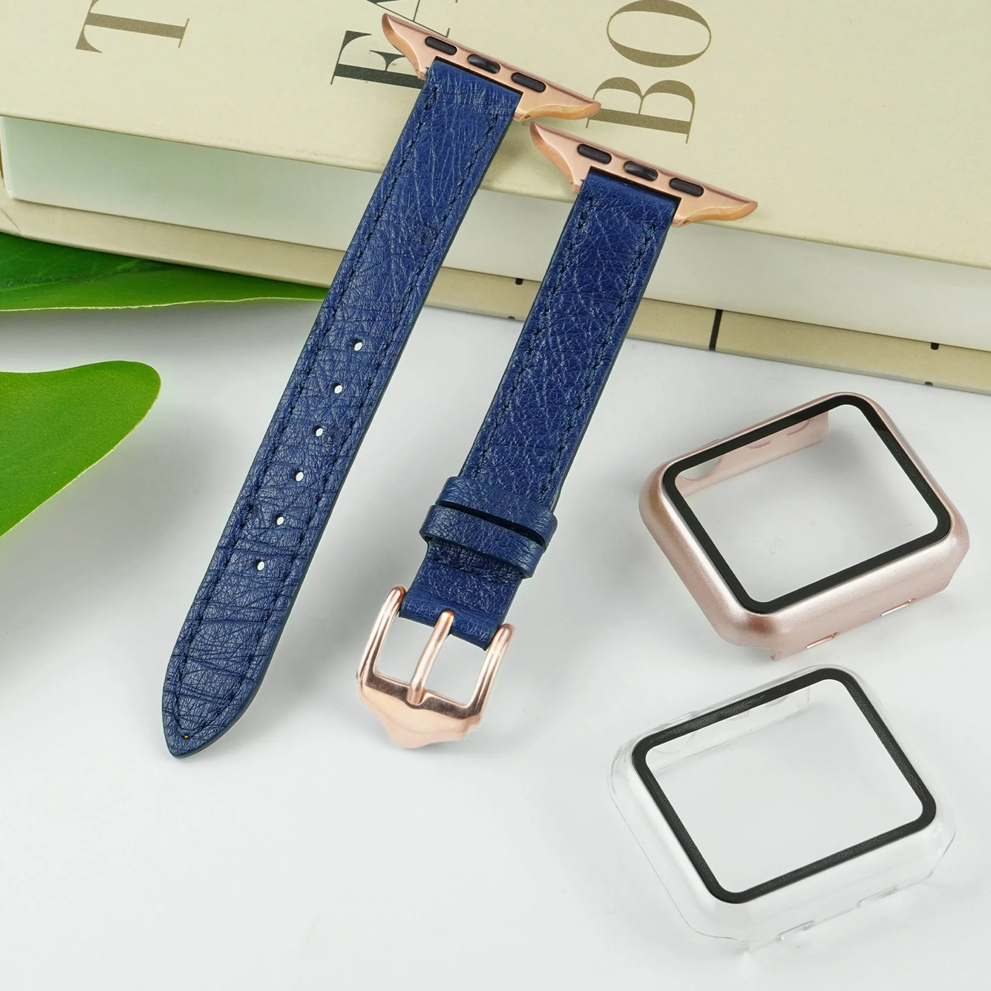 Blue Flat Ostrich Leather Band Compatible Apple Watch Iwatch 44mm Screen Protector Case Black Adapter Replacement Strap For Smartwatch Series 4 5 6 SE Leather Handmade AW-184G-W-44MM