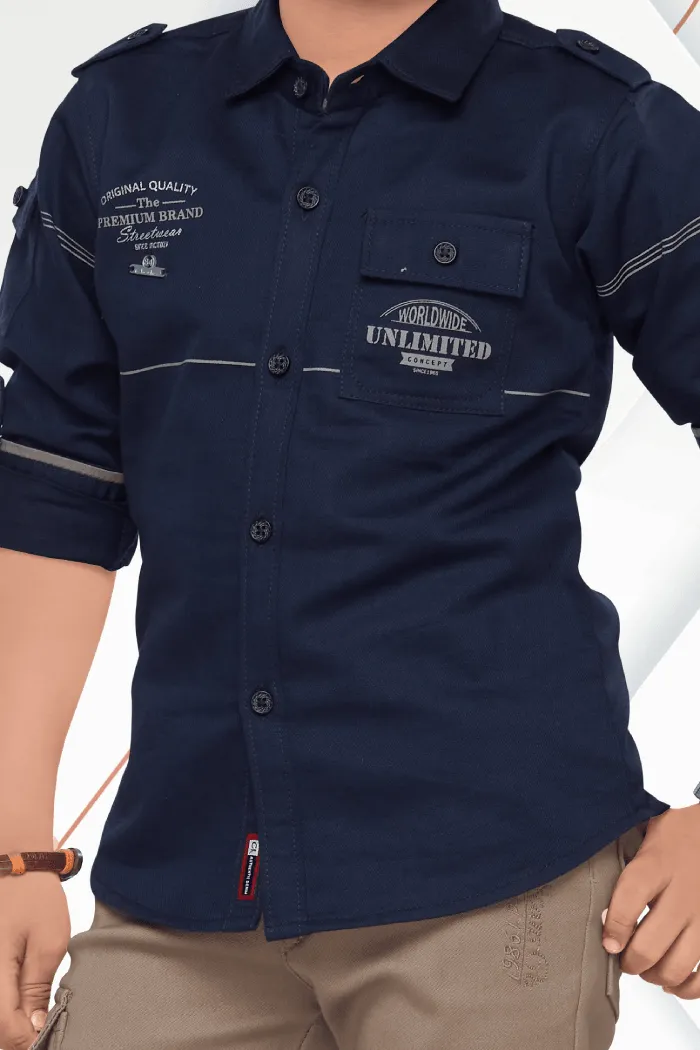 Blue with Beige Casual wear Pant and Shirt Set for Boys