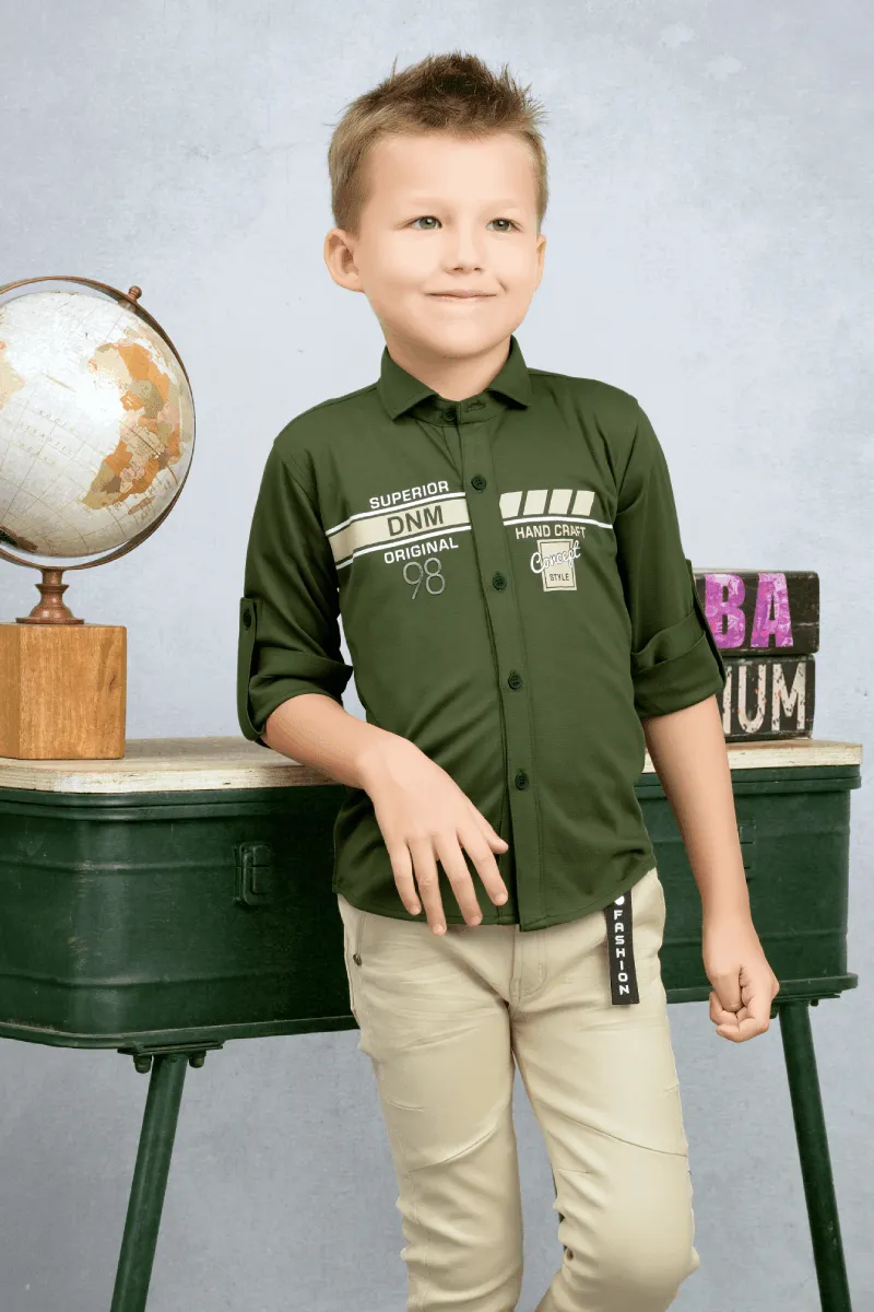 Bottle Green and Cream Casual wear Pant and Shirt Set for Boys