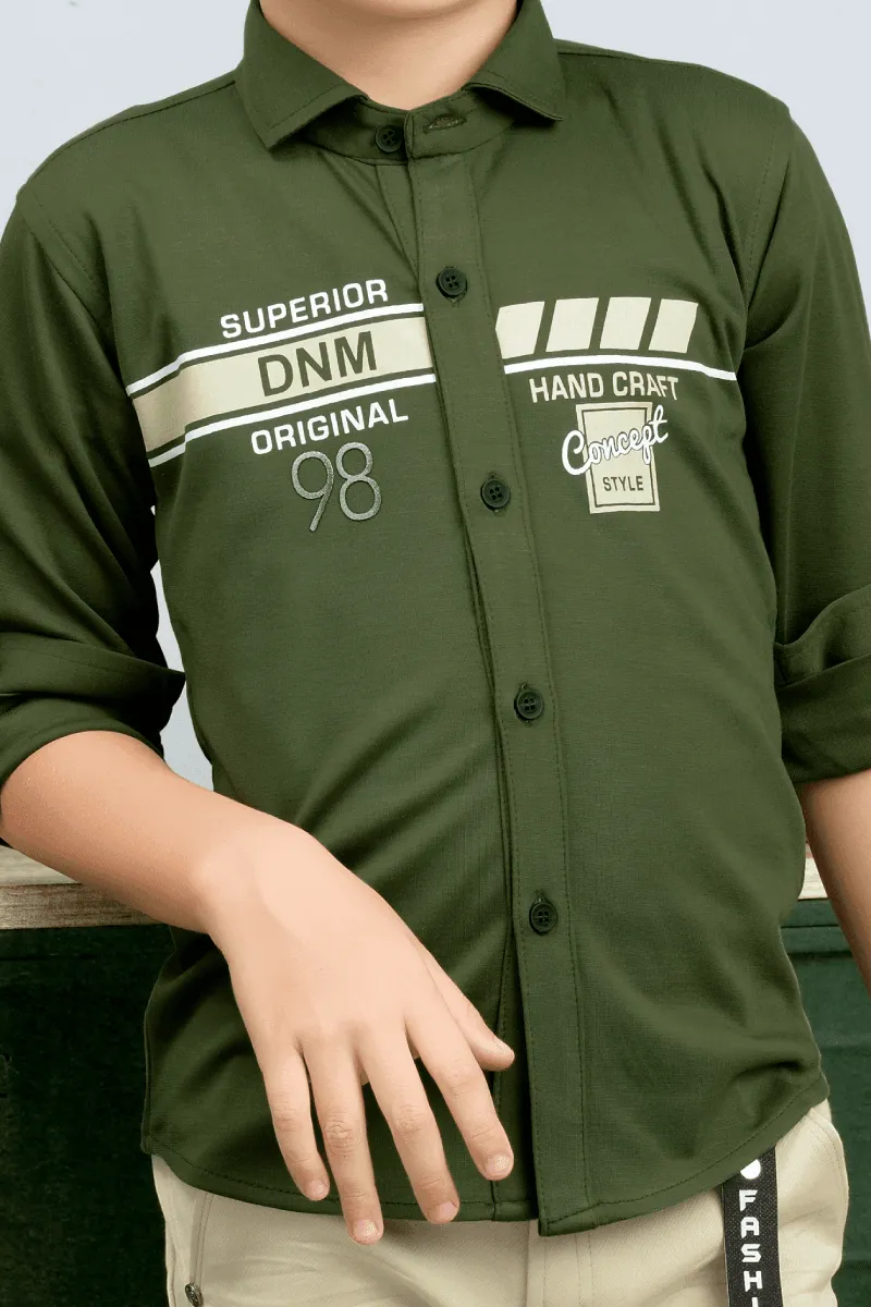 Bottle Green and Cream Casual wear Pant and Shirt Set for Boys