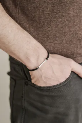 Bracelet for men with a long silver bar, custom string color, Christmas gift for him, stocking stuffer, gift wrapped, black