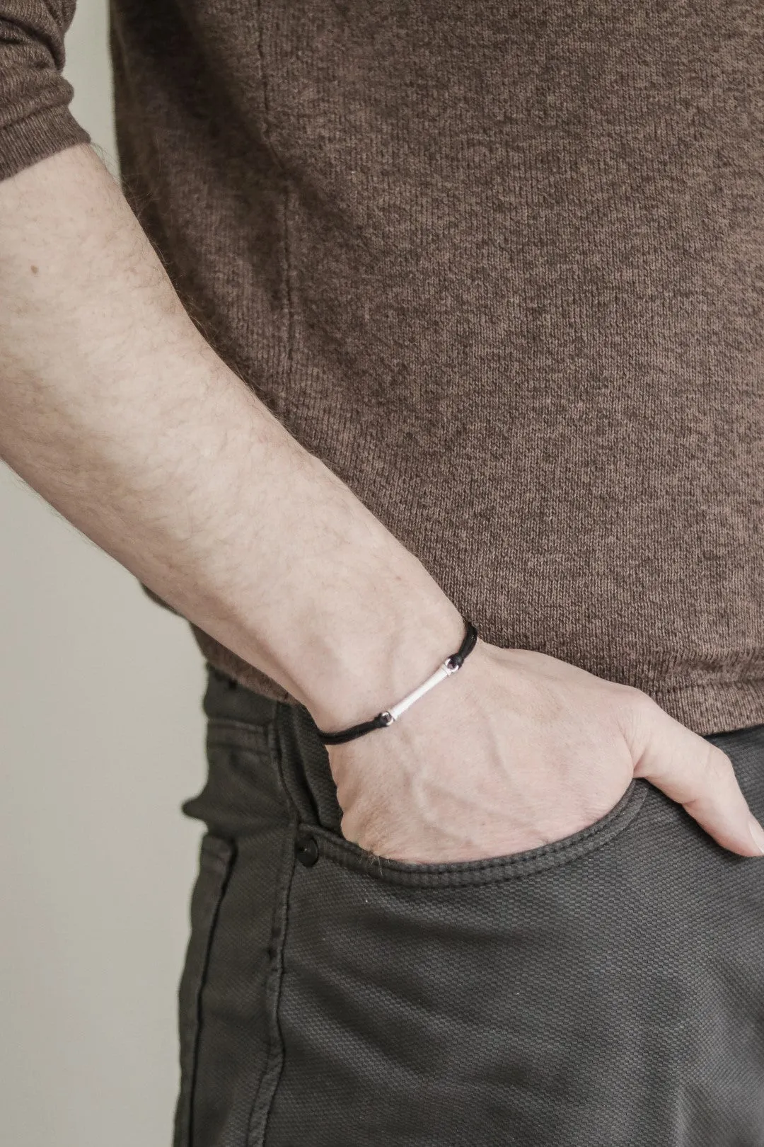 Bracelet for men with a long silver bar, custom string color, Christmas gift for him, stocking stuffer, gift wrapped, black