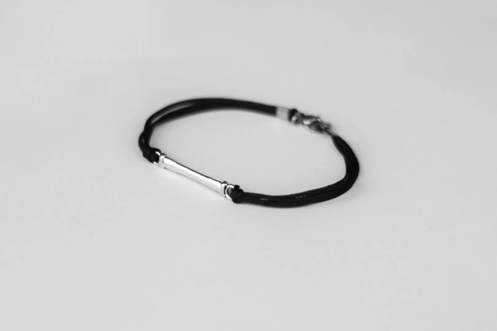 Bracelet for men with a long silver bar, custom string color, Christmas gift for him, stocking stuffer, gift wrapped, black